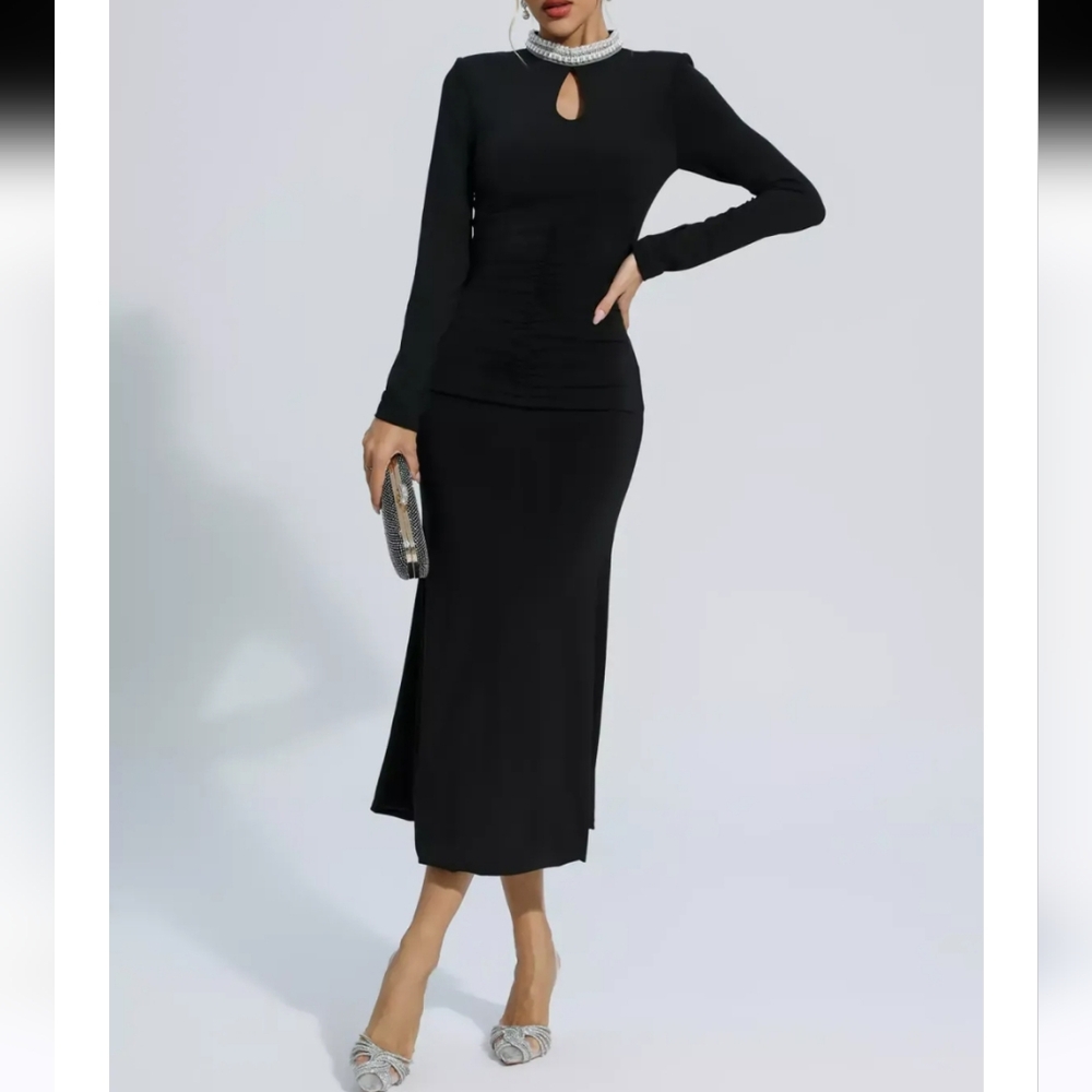NOWT Catchall Christina Black Pearl Decorated LongSleeve Dress, Sz L - Picture 5 of 16